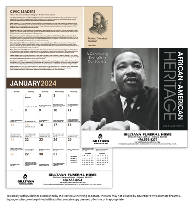 African-American Heritage: Dr. M Luther King Jr. calendar combined ad image